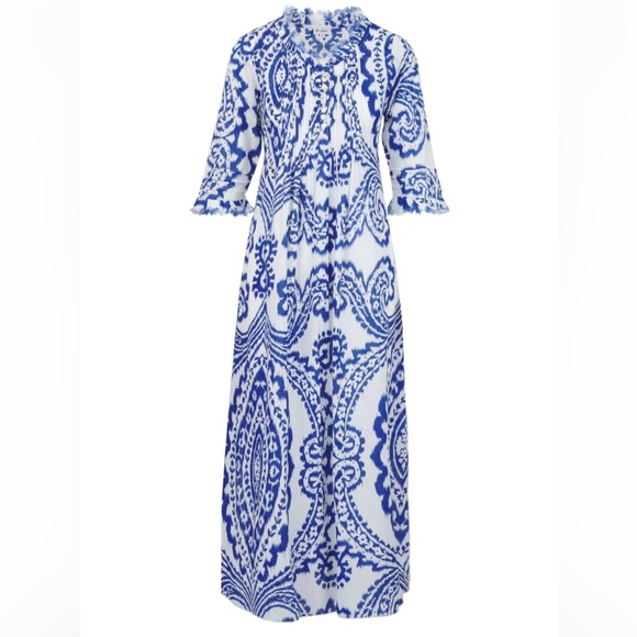 NWT At Last Cotton Annabel Maxi Dress in Blue & White Ikat - Picture 3 of 10
